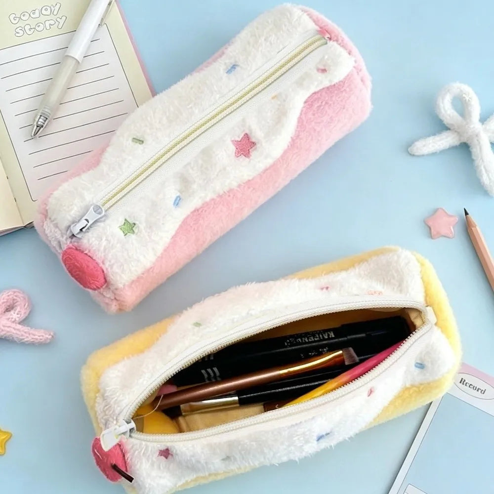 Kawaii Swiss Roll Plush Pencil Case – Star Embroidery Bag