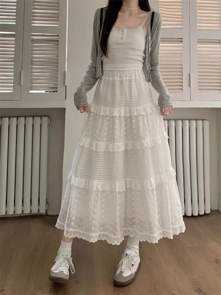 Women's White Lace Ruffle Midi Skirt | High Waist A-Line Ballet