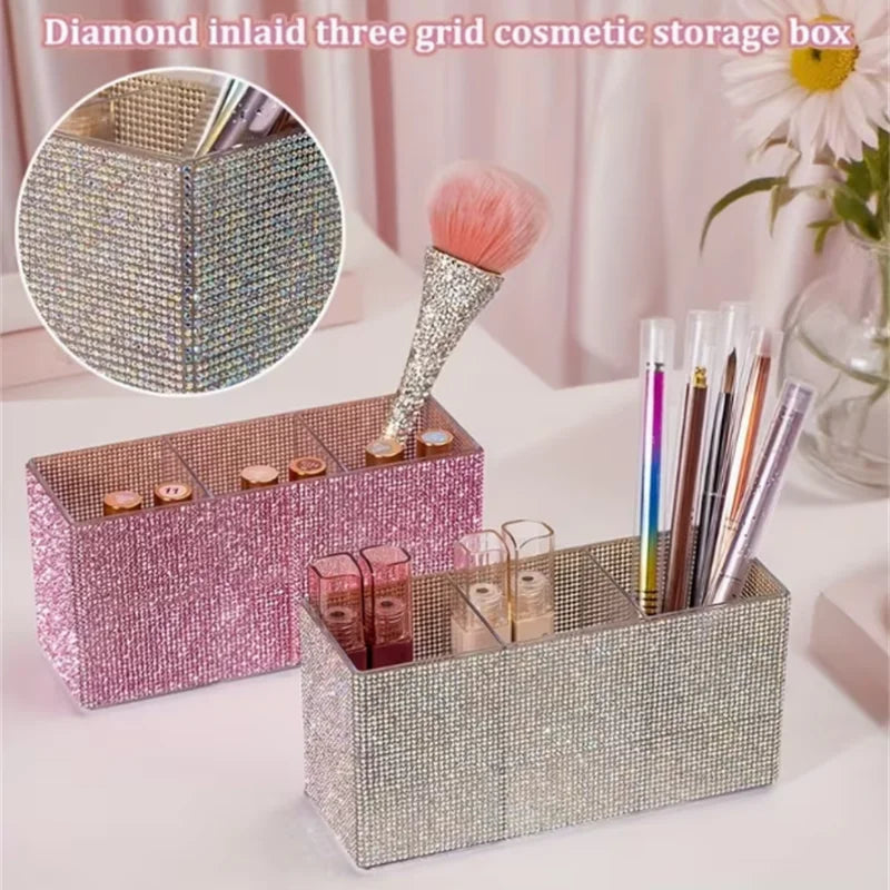 Rhinestone Makeup Brush Organizer – 3-Compartment Acrylic Box