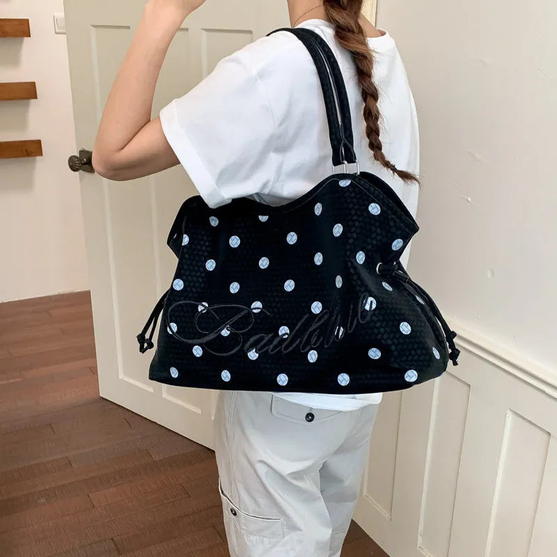 Korean Polka Dot Woven Tote Bag – Large Shoulder Handbag