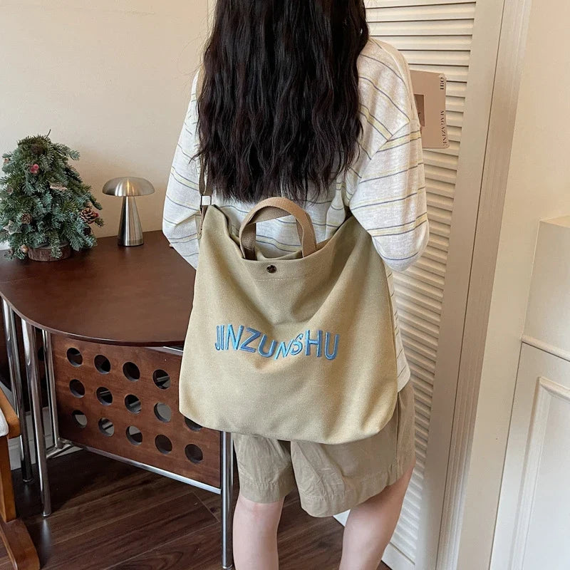 Women's Canvas Tote Bag Letter Embroidery Large Shoulder Bag