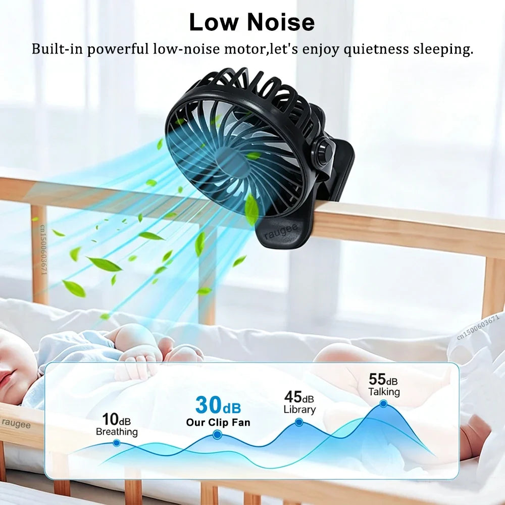 Portable USB Rechargeable Clip Fan – 360° Rotation & LED Light