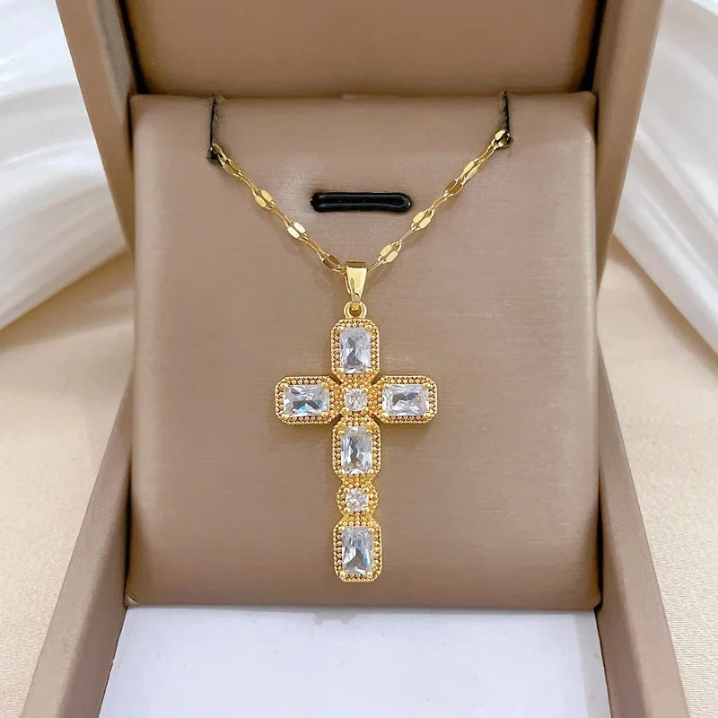 Women's Gold Cross Pendant Choker Necklace – Stainless Steel