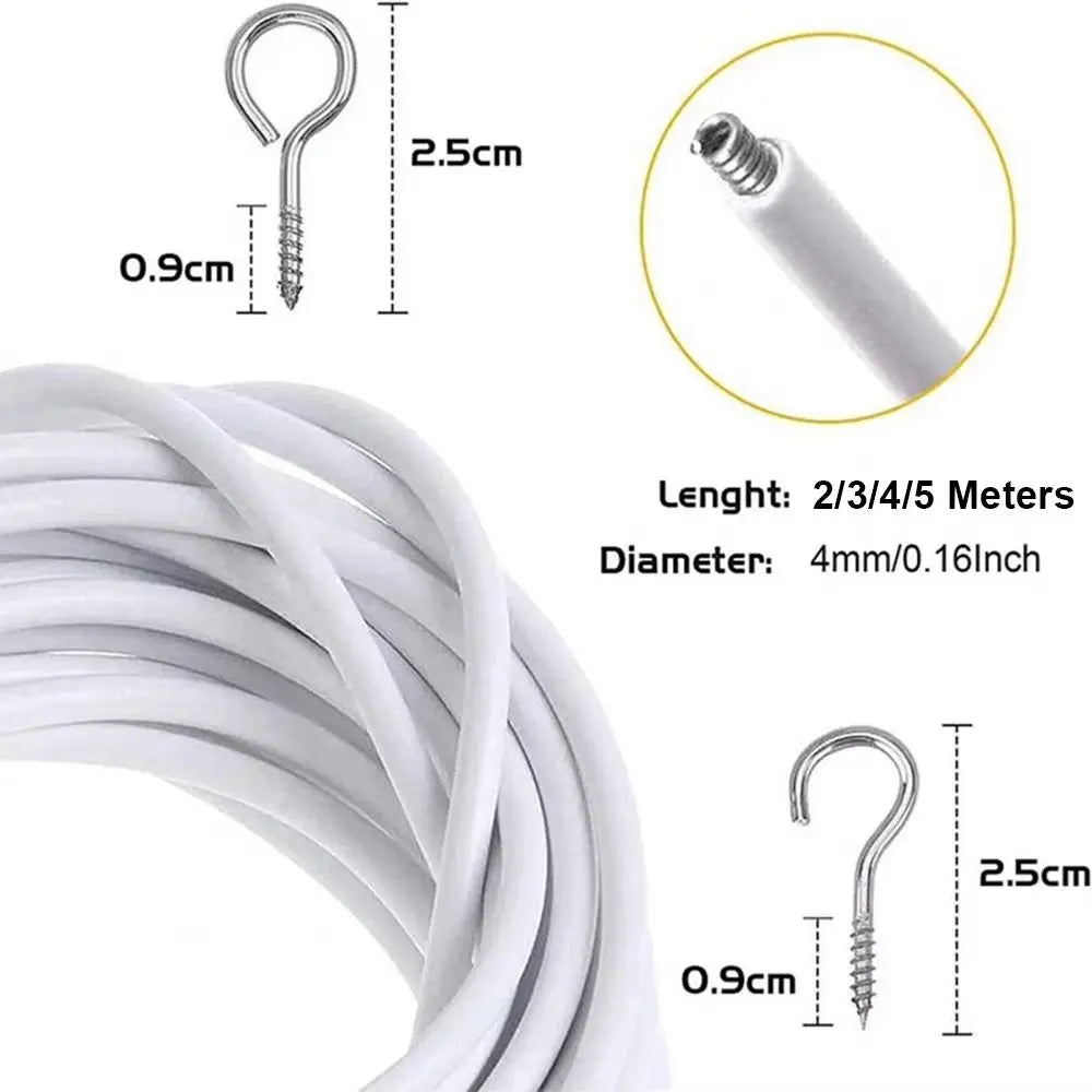 Curtain Spring Wire Cable 2–5M with Hooks & Eyes | White