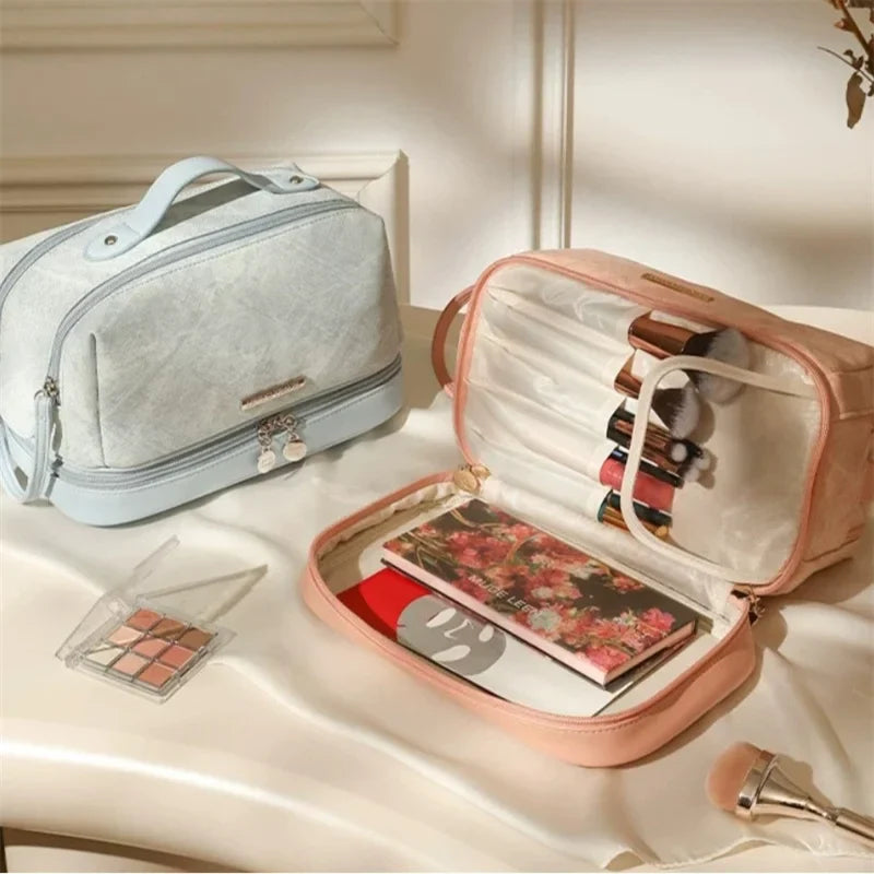 Multi-Compartment PU Leather Makeup Brush Organizer Bag