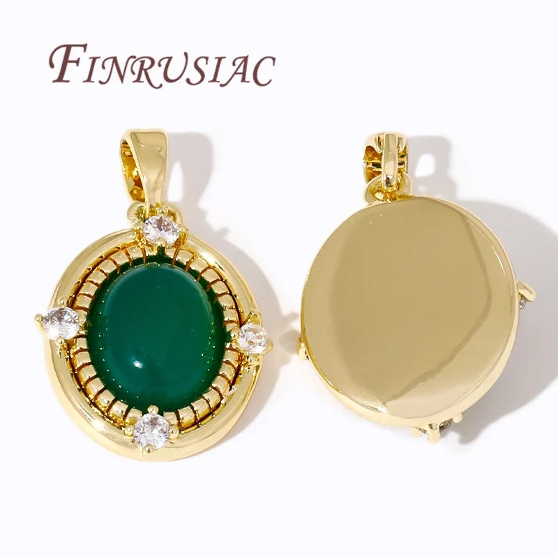 18K Gold Plated Oval Pendant Green Zircon Brass DIY Charm
