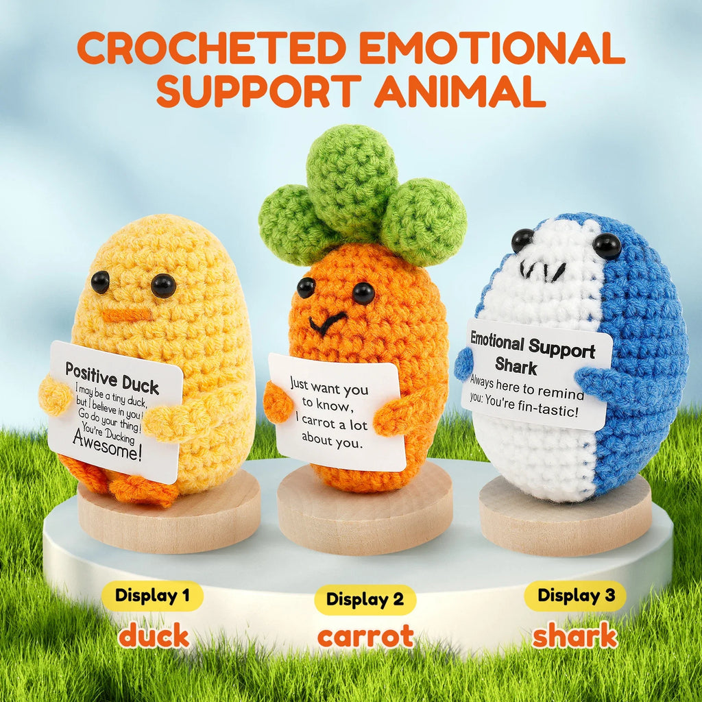 3 Handmade Crochet Animal Dolls with Motivational Cards & Wood Bases