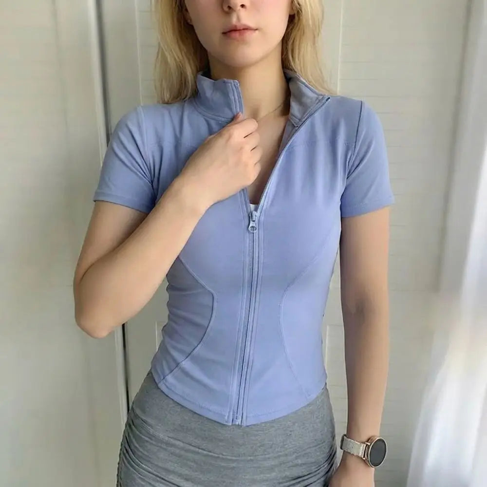 Women's Slim Fit Zip Front Short Sleeve Sports Workout Top