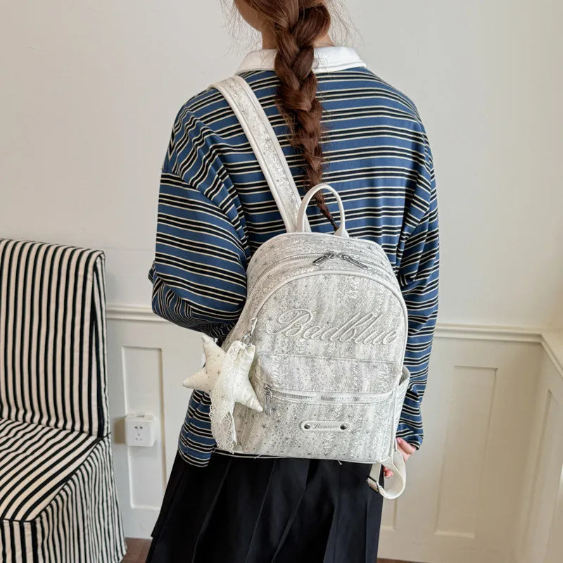 Korean Star-Embroidered Backpack – Large Capacity Women's Bag