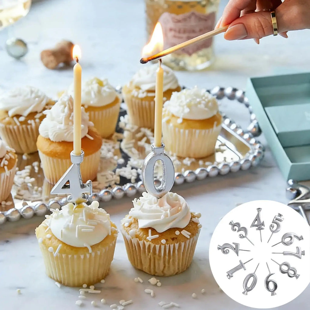Reusable Number Candle Holders Set | Silver Cake Topper 0–9