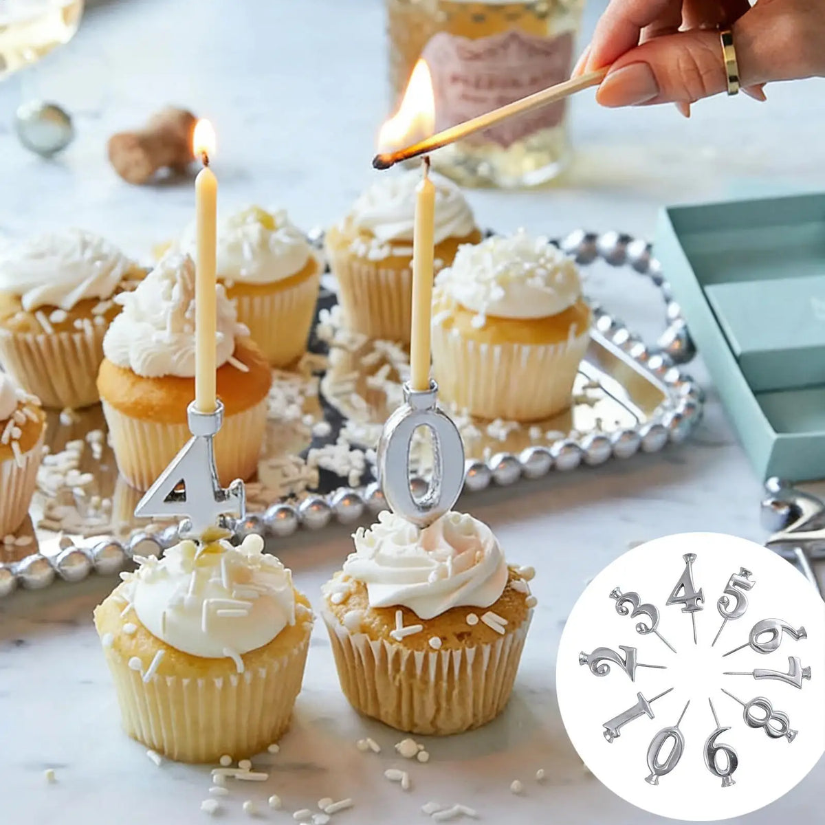 Reusable Number Candle Holders Set | Silver Cake Topper 0–9