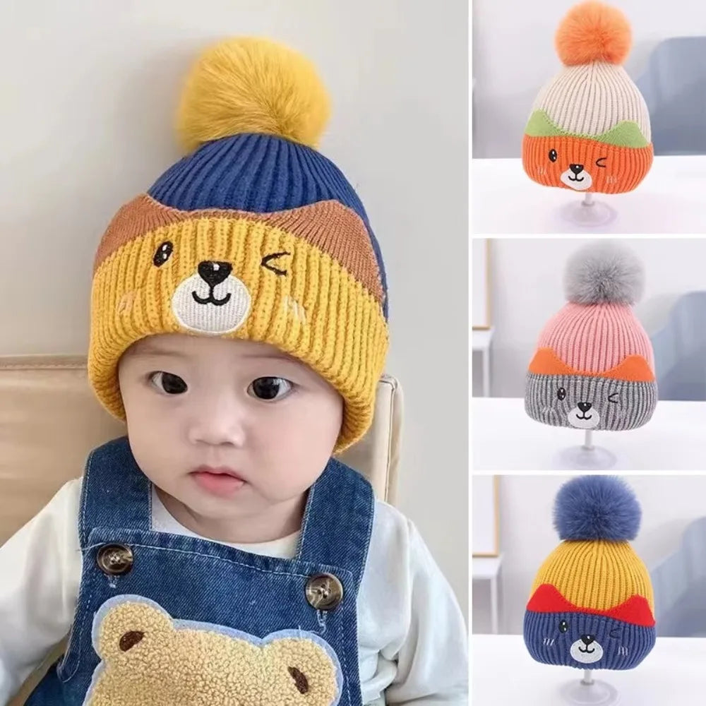 Soft Fluffy Baby Pompom Hat – Cartoon Knit Ear Protection Cap