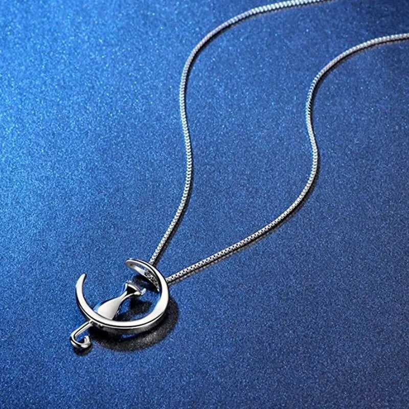 Women's Moon Cat Pendant Necklace | Celestial Gift Jewelry