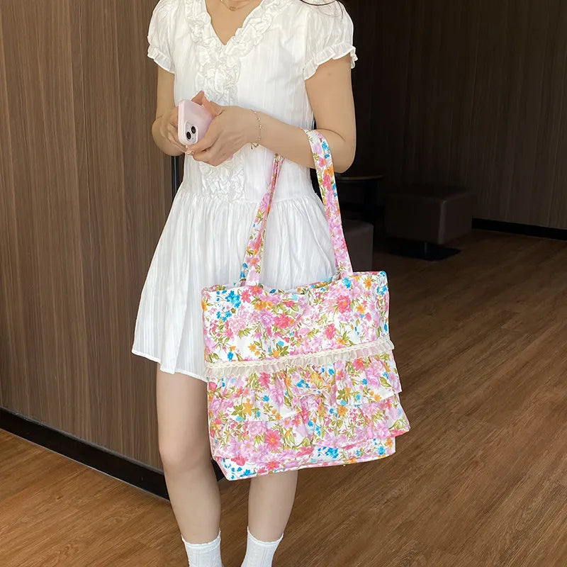 French Floral Drawstring Tote Bag – Lace Trim Canvas Shoulder Bag