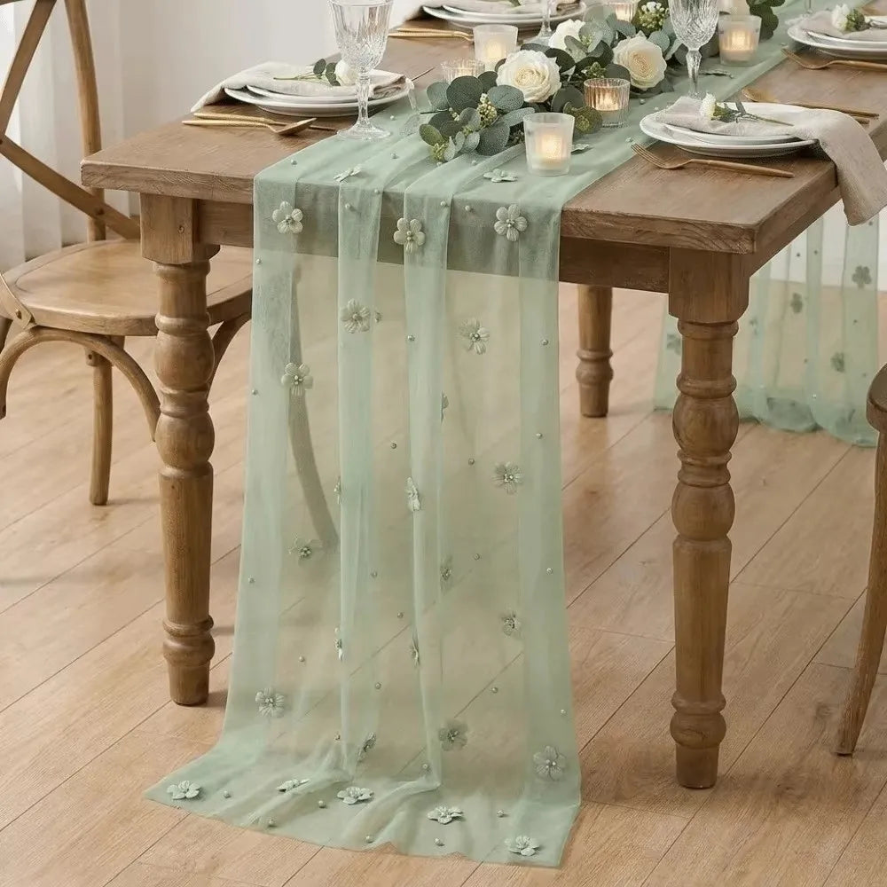 Tulle Table Runner 75x300cm Sheer Floral Embroidered Décor