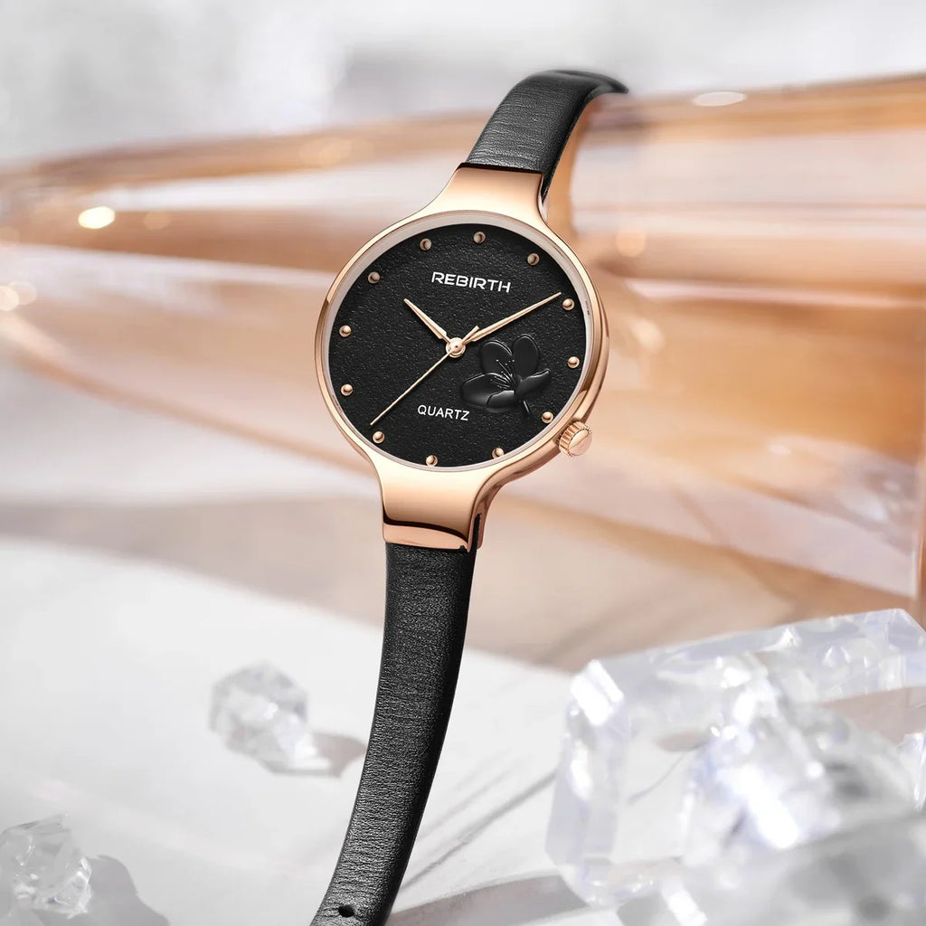 REBIRTH Retro Floral Quartz Watch – Leather Strap, Elegant