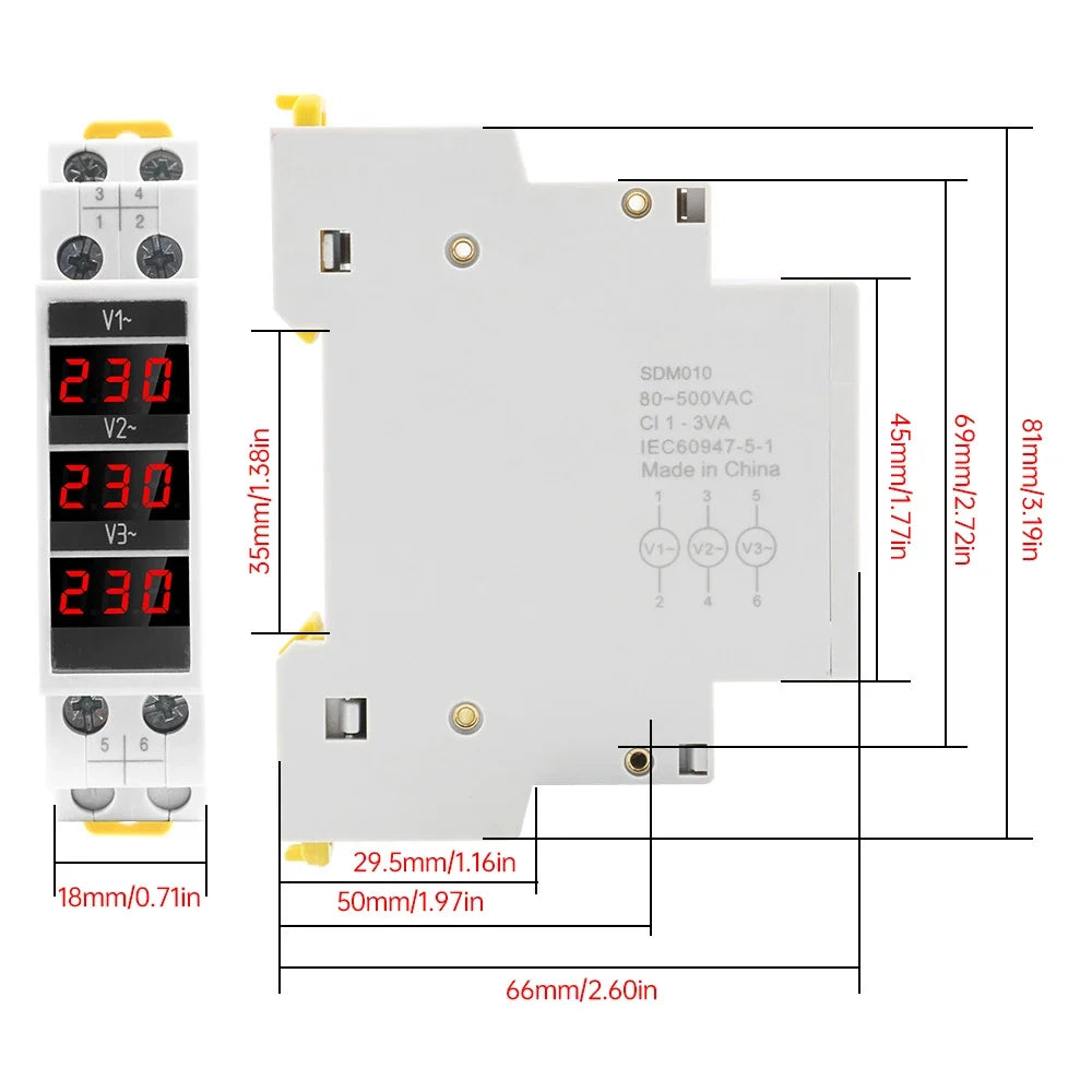 SDM010 DIN-Rail Three-Phase AC Digital Voltmeter 80–500V