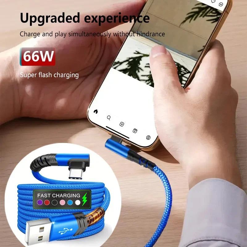 90° Elbow 60W USB-C Fast Charging Cable 3M Nylon Braided