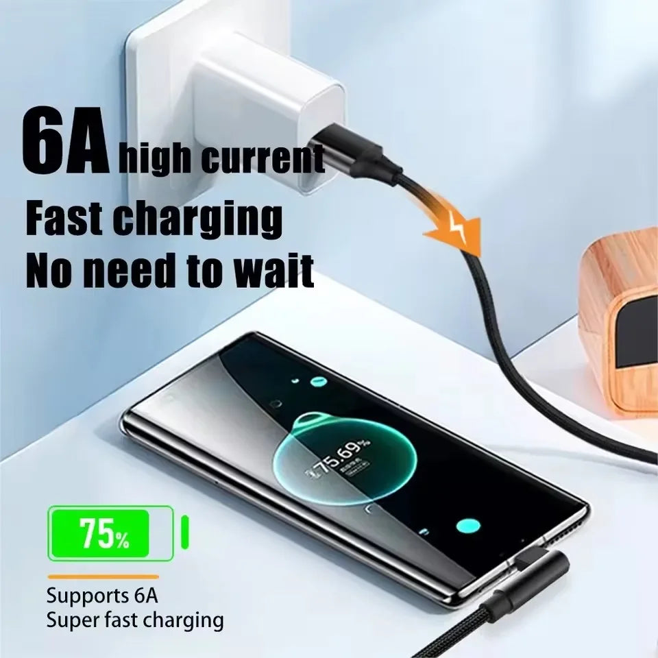 6A Right-Angle USB-C Fast Charge Cable | 1m–8m Braided