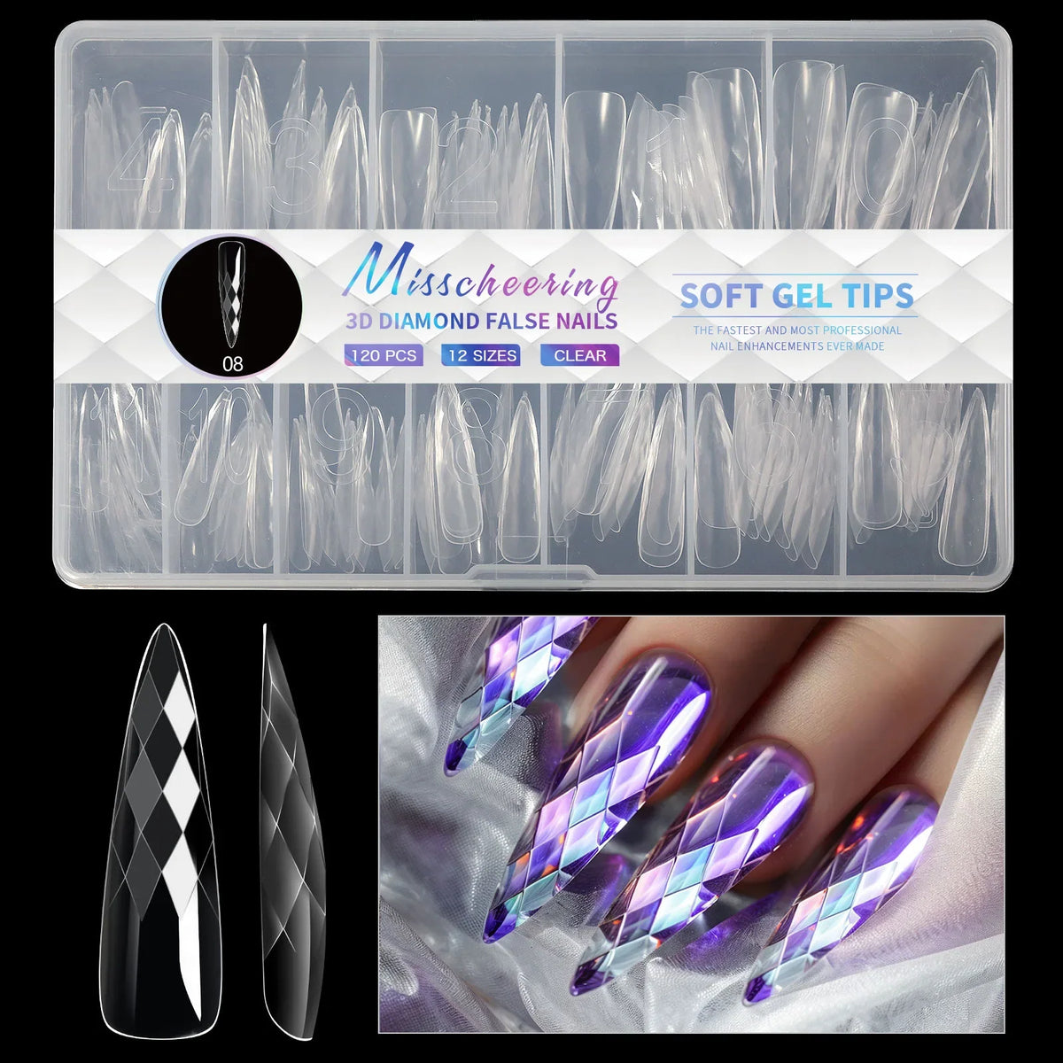 3D Diamond Almond Ballet Press On Nails – Long False Nails Set