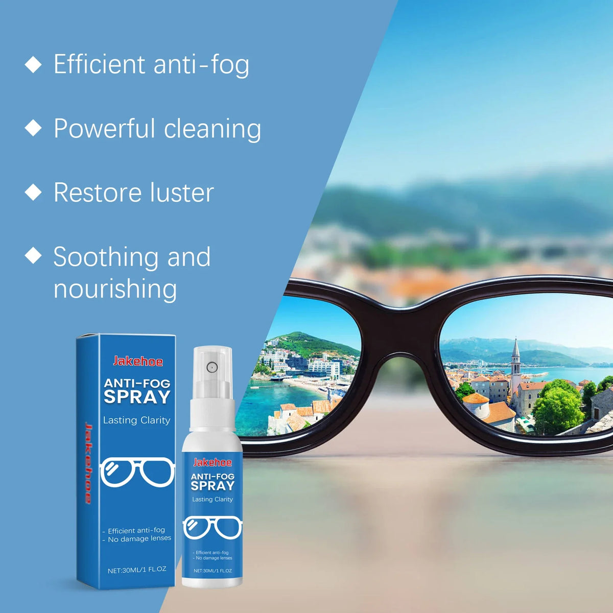 JAKEHOE Anti-Fog Eyeglass Cleaning Spray 30ml | Clear Lenses