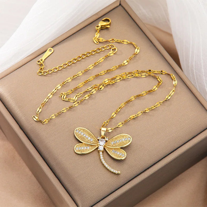 Zircon Dragonfly Pendant Necklace Gold Plated for Women