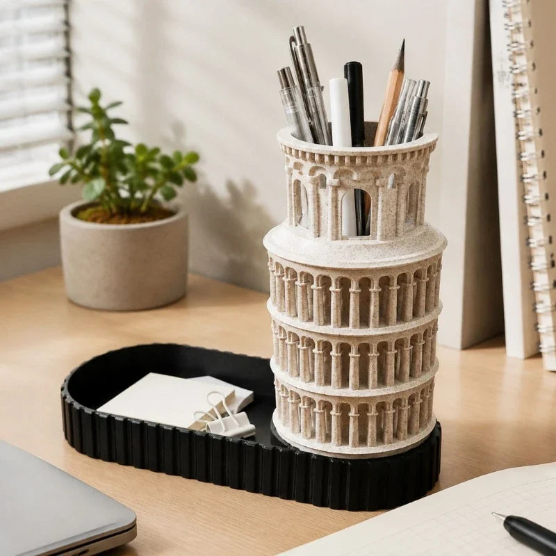 Leaning Tower Decorative Pencil Cup with Side Storage Tray