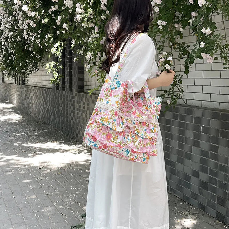 French Floral Drawstring Tote Bag – Lace Trim Canvas Shoulder Bag