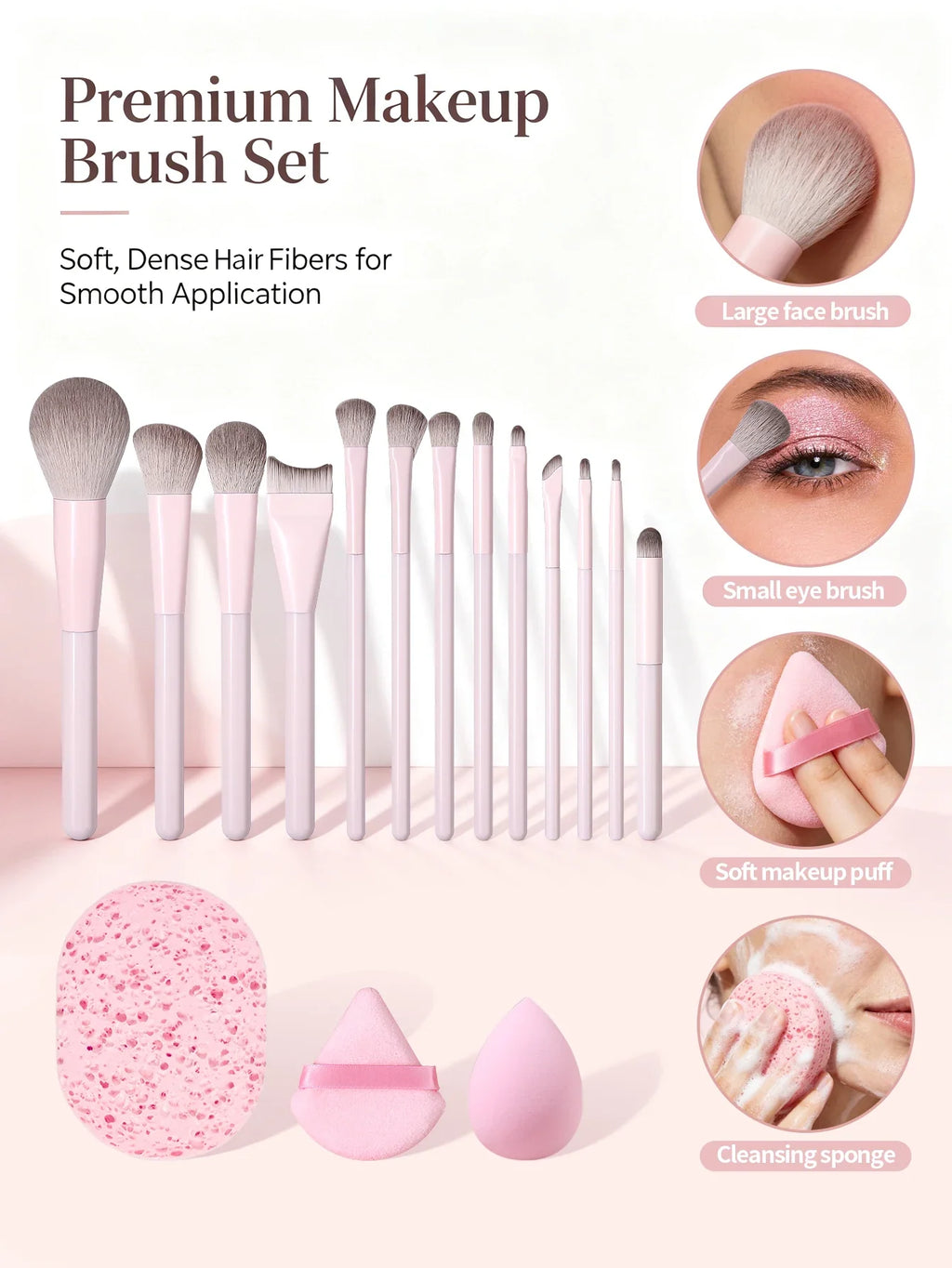 16Pc Makeup Brush Set – Soft Synthetic Hair, Sponge & Puff