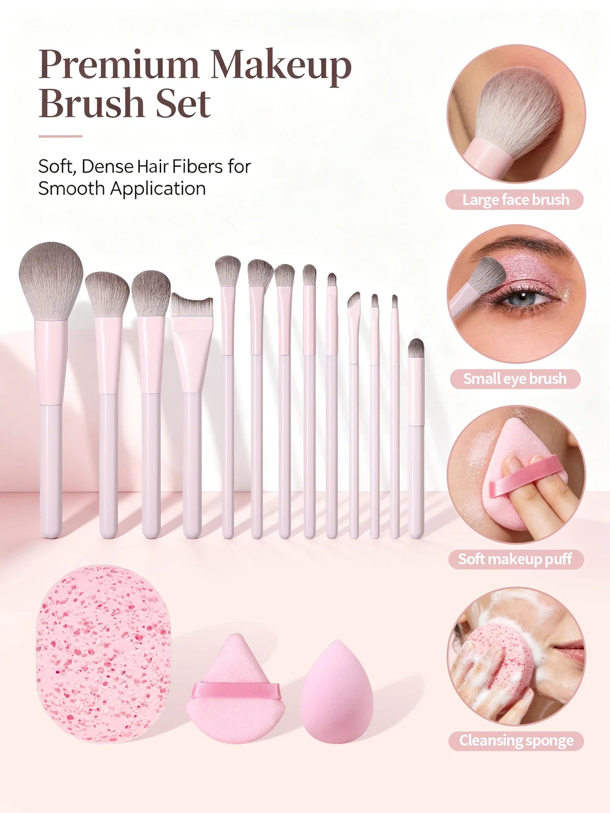 16Pc Makeup Brush Set – Soft Synthetic Hair, Sponge & Puff