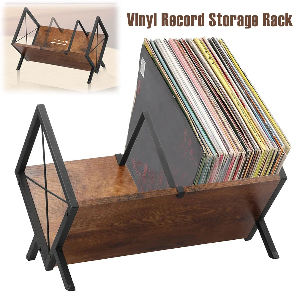 Vinyl Record Storage Rack – Wood & Metal Stand with Divider
