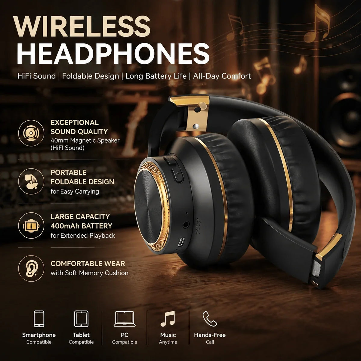 STONEGO H8 Wireless Bluetooth Over-Ear Headphones | HiFi Bass
