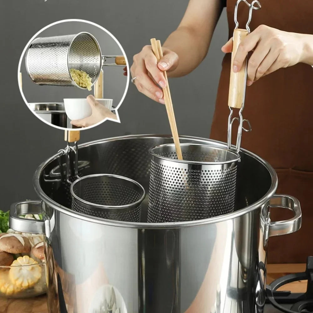 Stainless Steel Pasta Basket Strainer – Wooden Handle