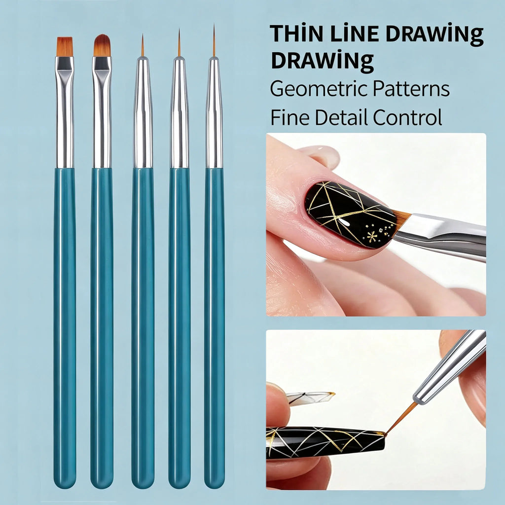 5-Piece Nail Art Brush Set – Liner, Fan, Dotting & Gel Tools