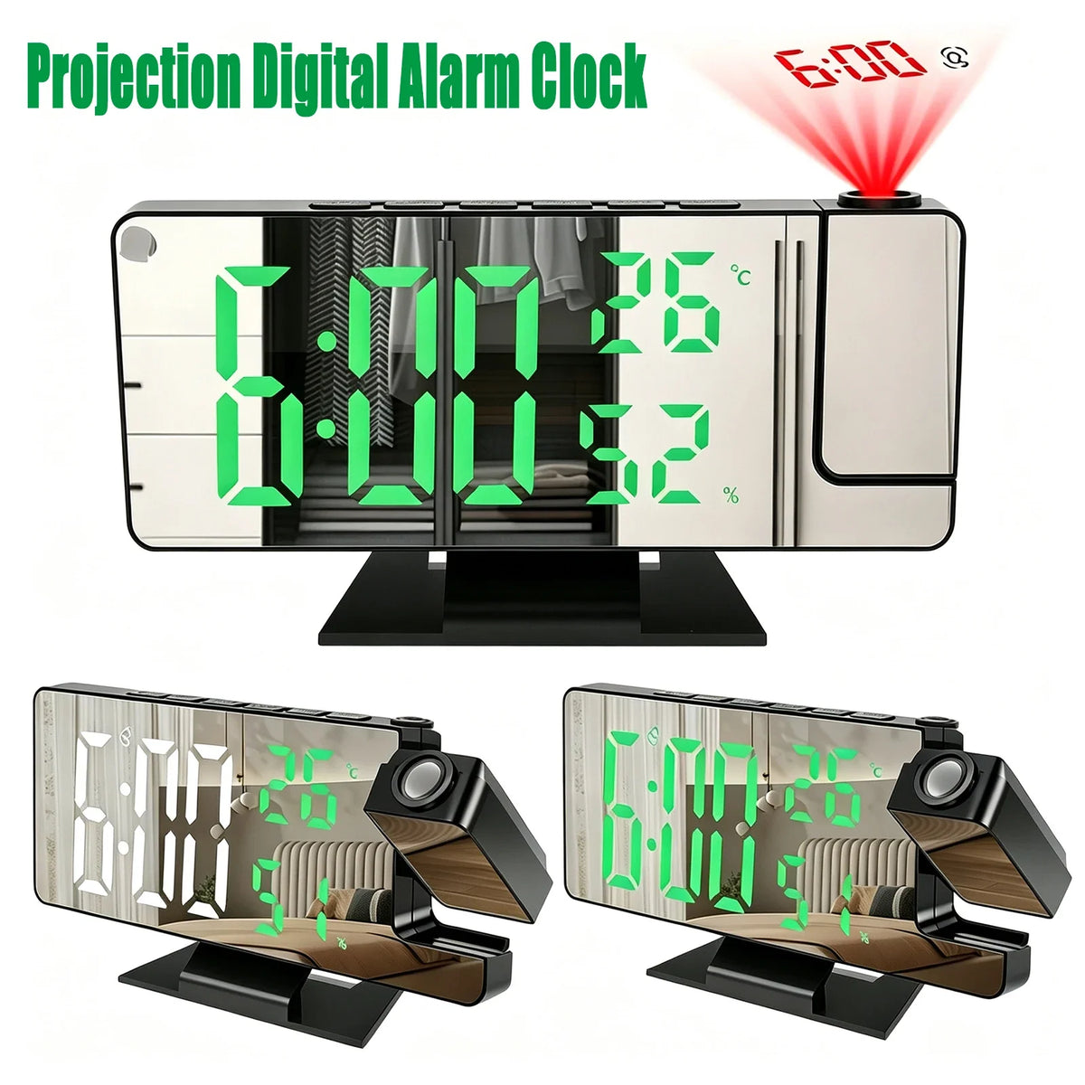 180° Projection Digital Alarm Clock – LED Display & Mirror