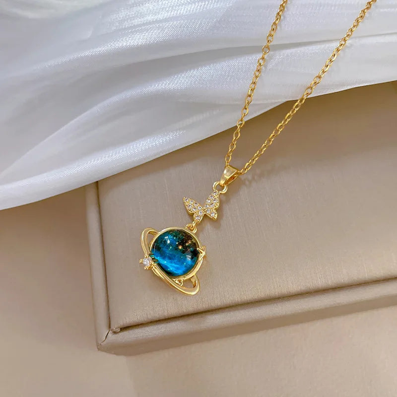 Starry Sky Butterfly Pendant Necklace Gold Stainless Steel