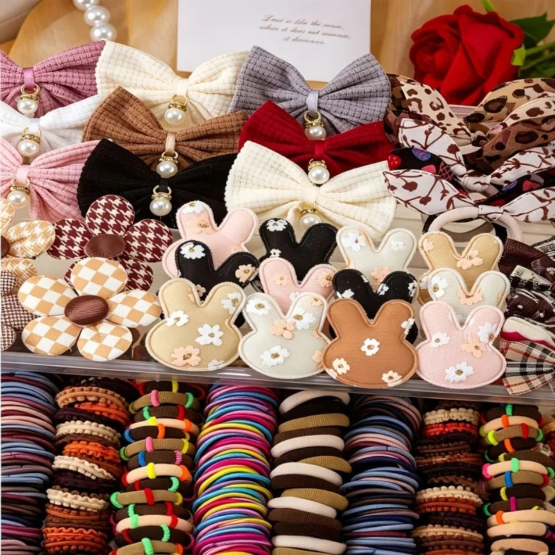 170-Pc Girls Elastic Hair Bands Set – Leopard & Caramel Colors