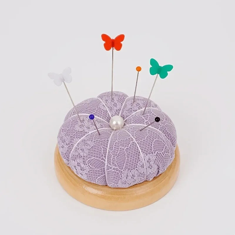 Pumpkin Lace Pincushion Wooden Base – Needle Organizer