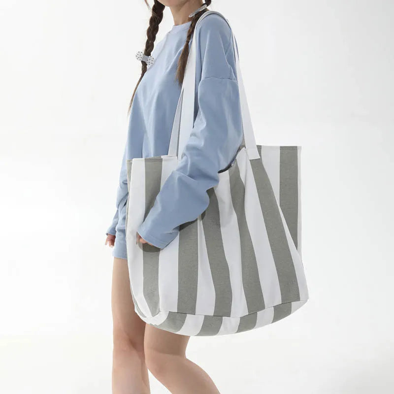 Women's Striped Canvas Tote Bag – Large Shoulder Handbag
