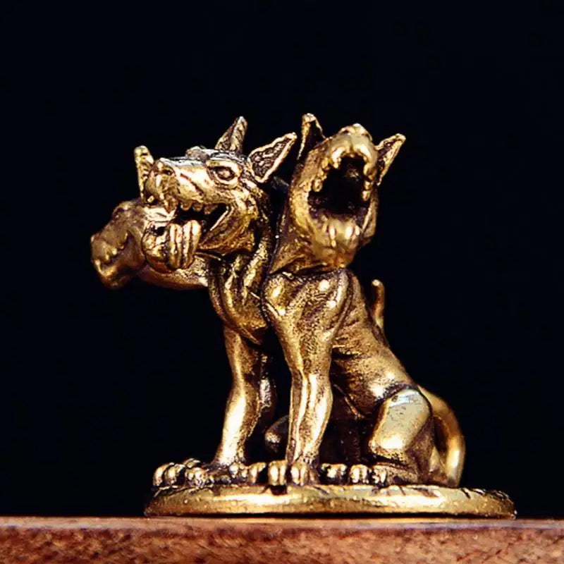 Mini Cerberus Three-Headed Wolf Brass Figurine | Desktop Statue