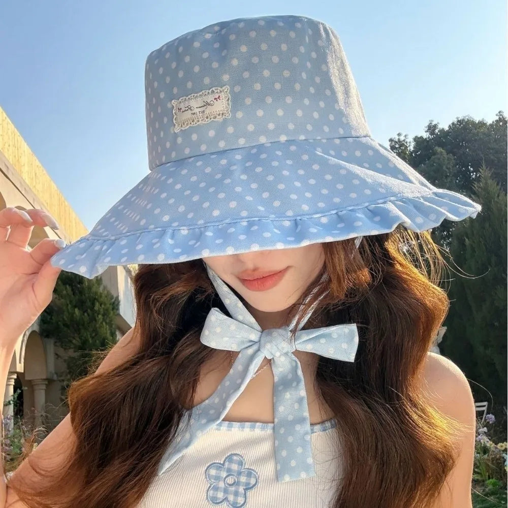 Women's Polka Dot Wide Brim Bucket Sun Hat with Ribbon