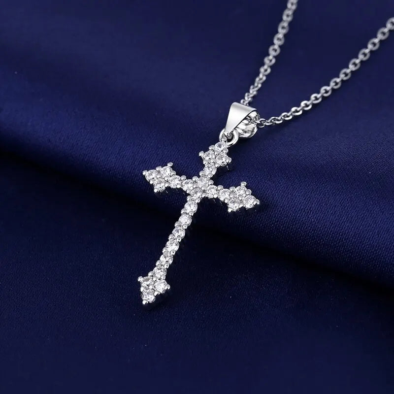 Women's Silver-Plated Cross Pendant Necklace with Rhinestones