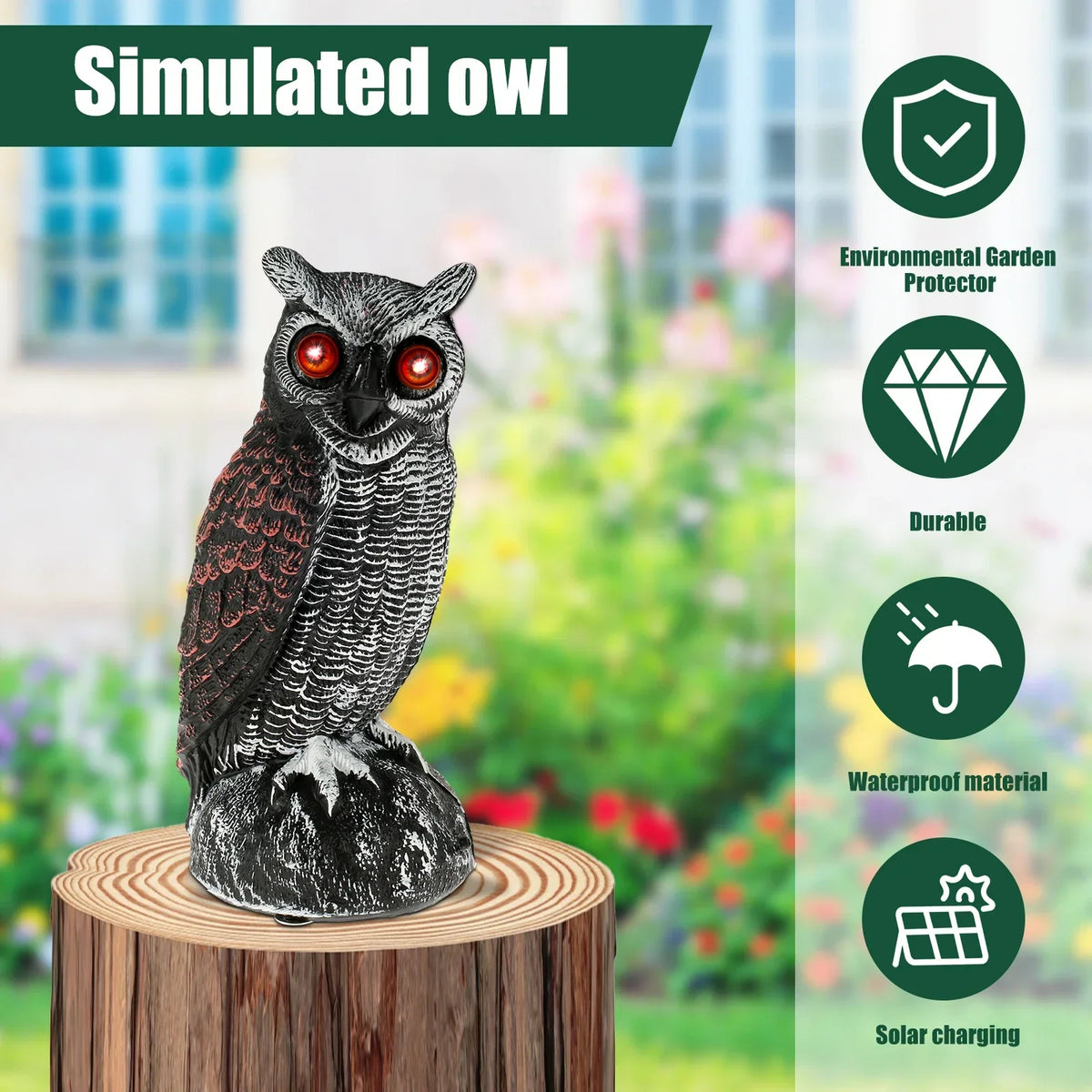 Solar Owl Decoy Bird Deterrent – 2 Modes, Motion Sensor