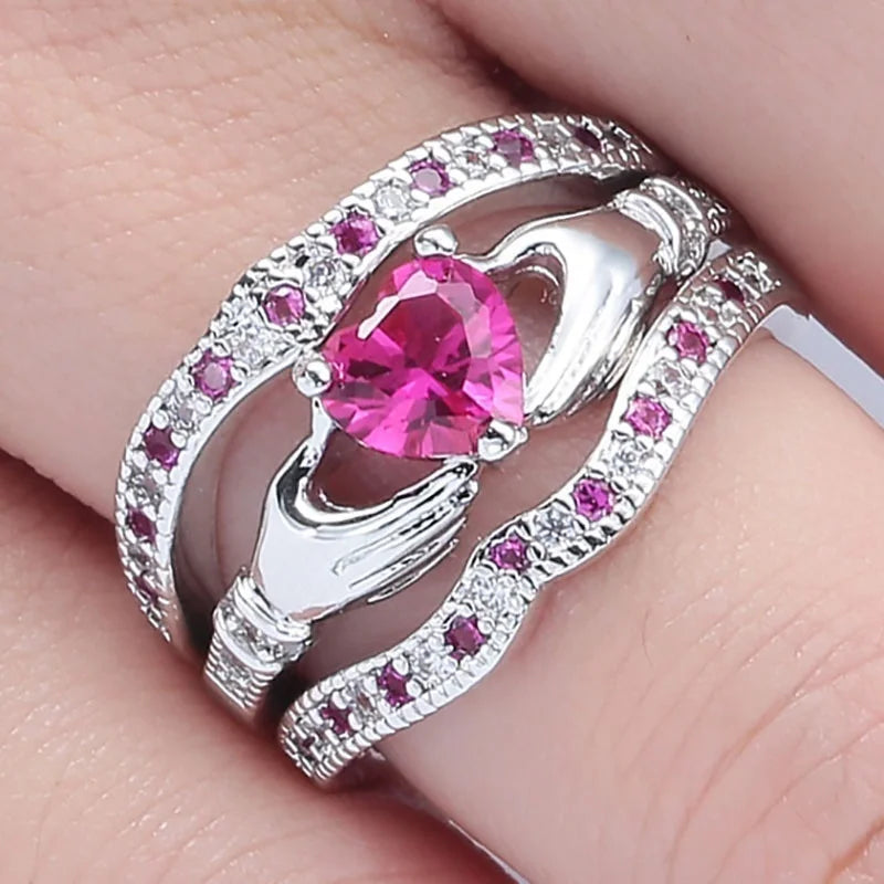 3-Pc Claddagh Amethyst Sterling Silver Ring Set – Sizes 5–12