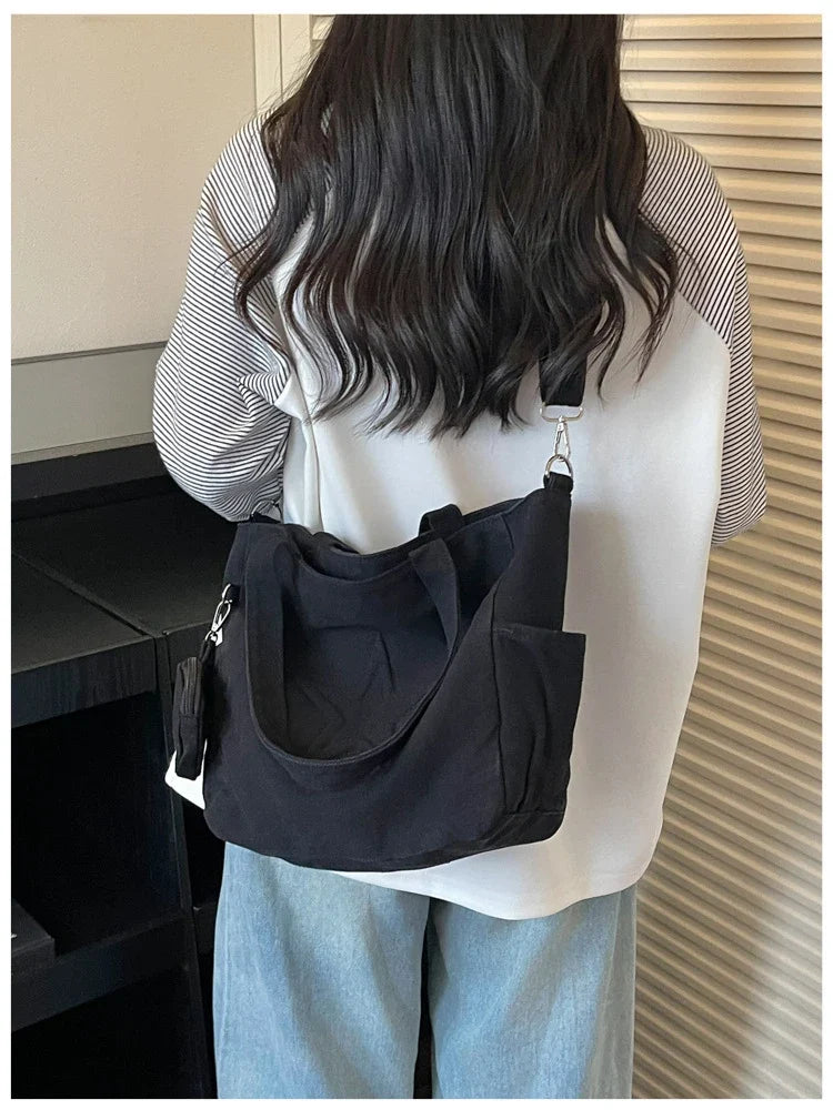 Korean Minimalist Canvas Tote Bag – Shoulder & Crossbody Handbag