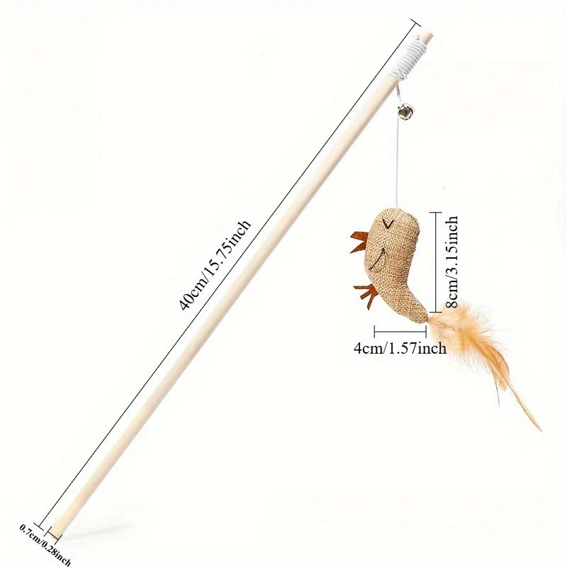 Wooden Cat Teaser Wand Toy – Feather Bell & Mouse Lure