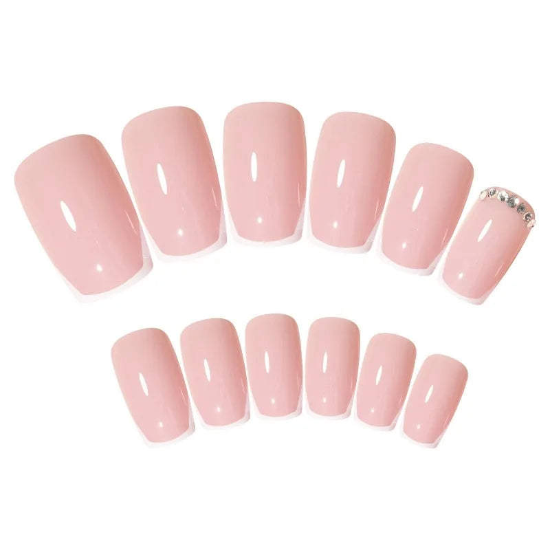 Short French Rhinestone False Nails – 24pc Handmade Acrylic Tips