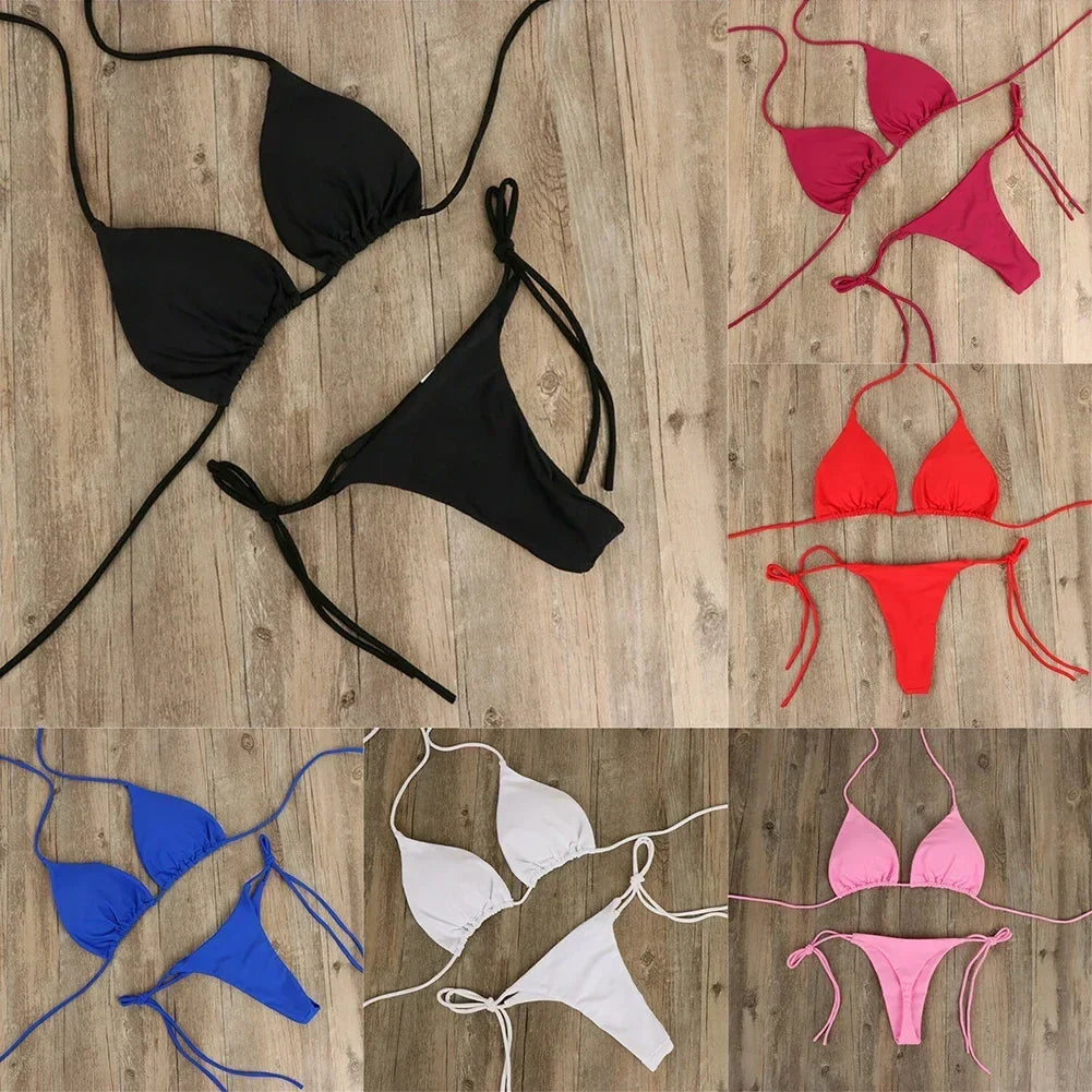 Women's Halter Neck Bikini Set – Solid Color Thong Swimsuit