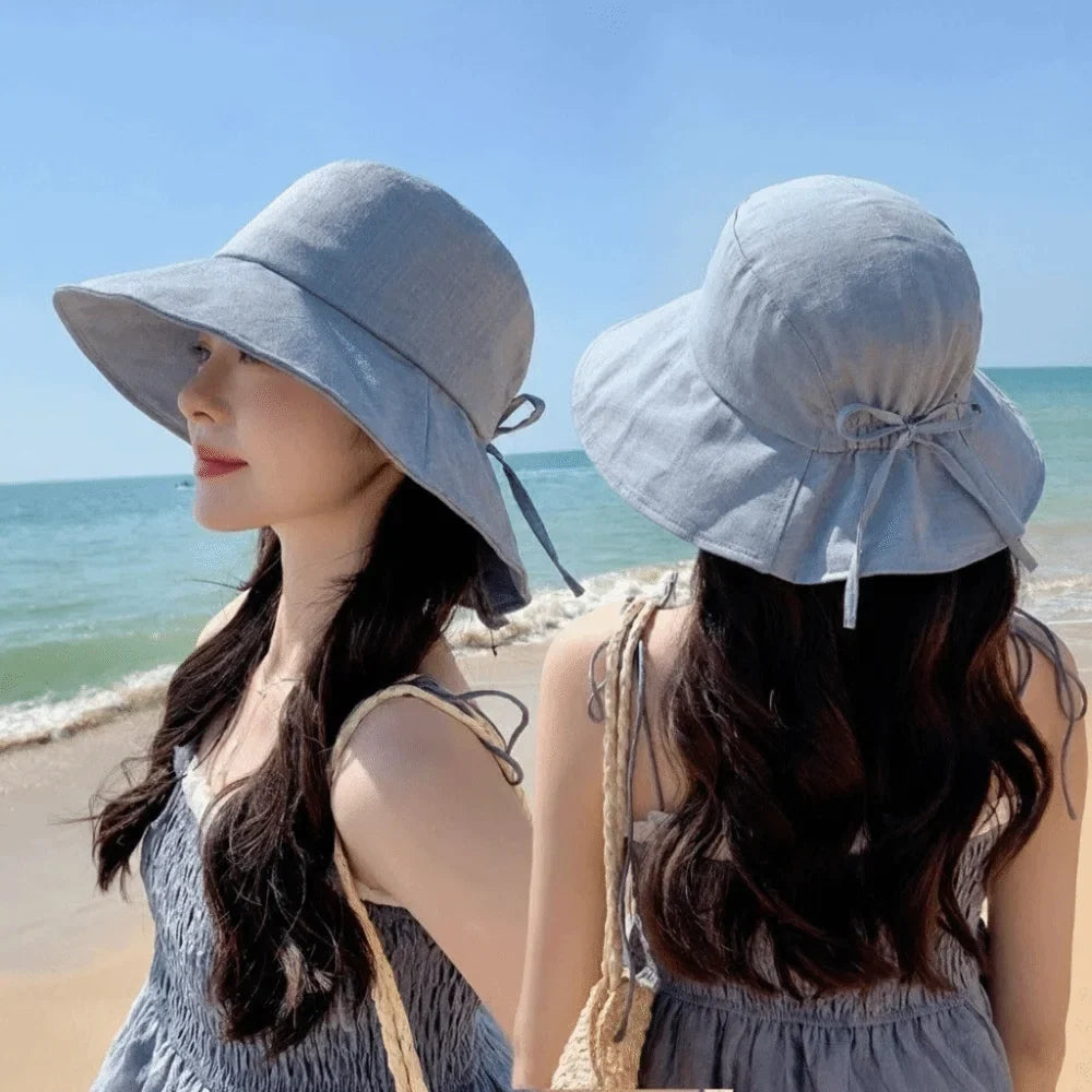 Women's Wide Brim Foldable Bucket Sun Hat with Bow Accent