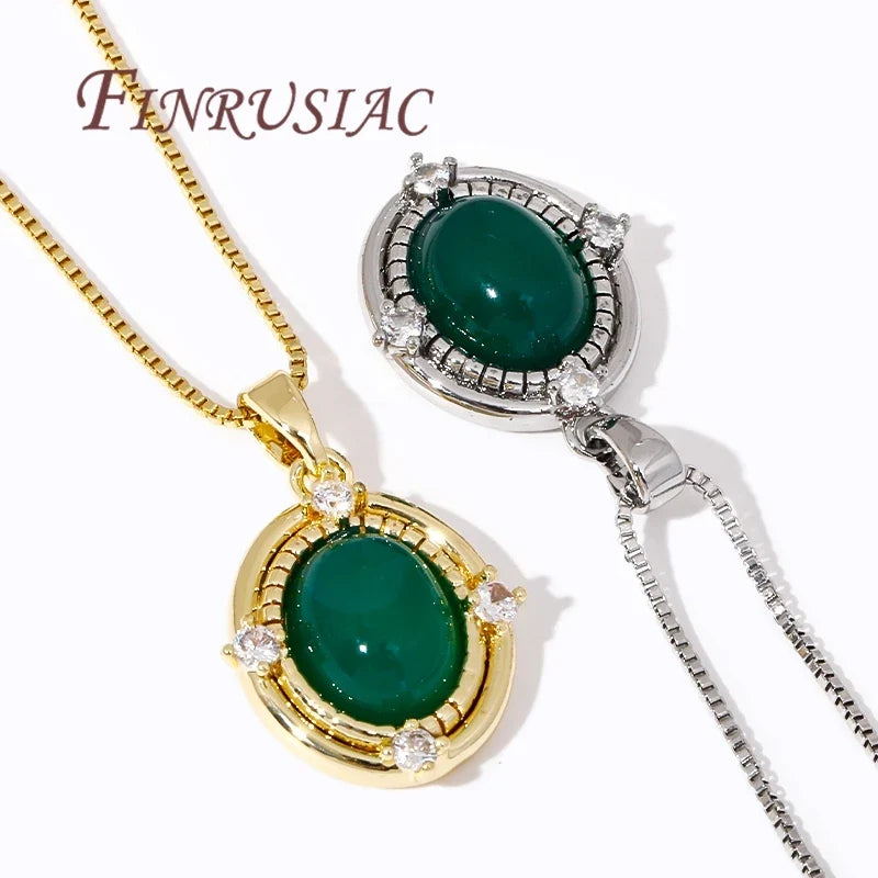 18K Gold Plated Oval Pendant Green Zircon Brass DIY Charm
